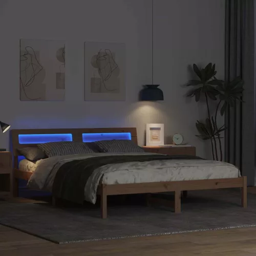 Ágykeret LED -es lámpákkal Barna 150 x 200 cm Tömör fenyőfa