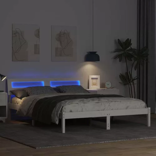Ágykeret LED -es lámpákkal Fehér 140 x 200 cm Tömör fenyőfa