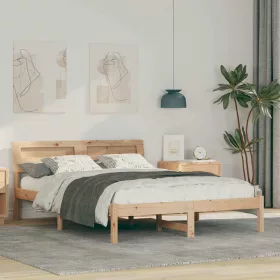   Ágykeret LED -es lámpákkal Barna 135 x 190 cm Tömör fenyőfa