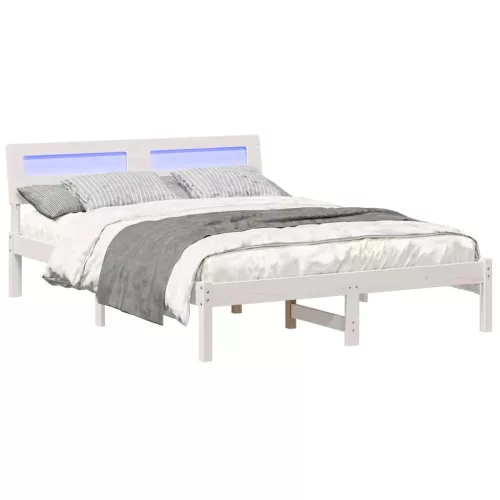 Ágykeret LED -es lámpákkal Fehér 135 x 190 cm Tömör fenyőfa