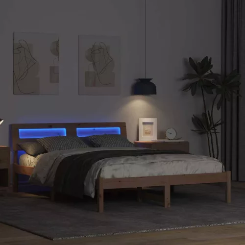 Ágykeret LED -es lámpákkal Barna 120 x 190 cm Tömör fenyőfa