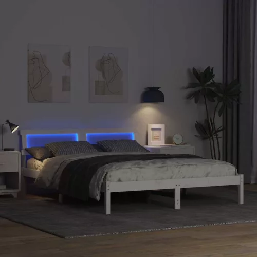 Ágykeret LED -es lámpákkal Fehér 160 x 200 cm Tömör fenyőfa