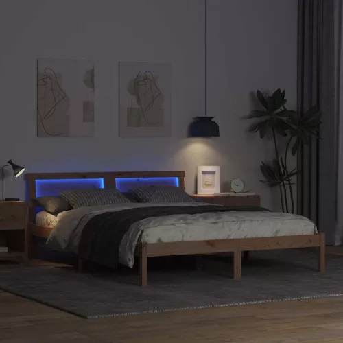 Ágykeret LED -es lámpákkal Barna 150 x 200 cm Tömör fenyőfa