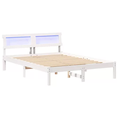 Ágykeret LED -es lámpákkal Fehér 140 x 190 cm Tömör fenyőfa