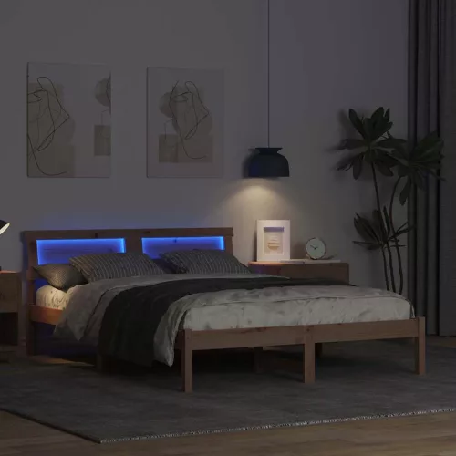 Ágykeret LED -es lámpákkal Barna 135 x 190 cm Tömör fenyőfa