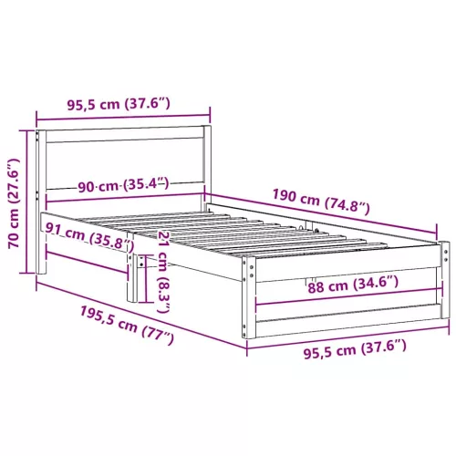 Ágykeret fejtámlával Barna 90 x 190 cm Tömör fenyőfa