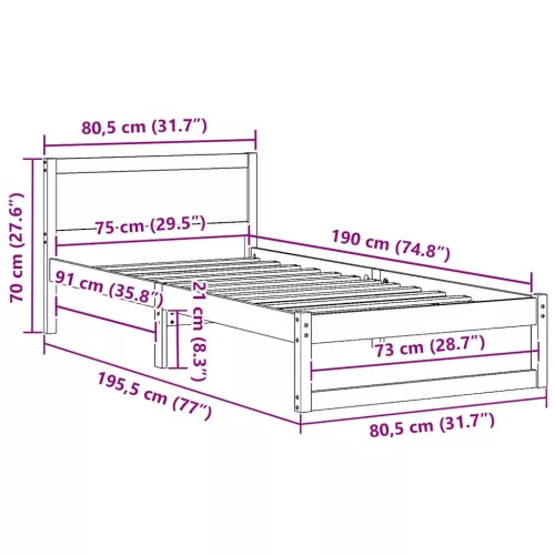 Ágykeret fejtámlával Fehér 75 x 190 cm Tömör fenyőfa
