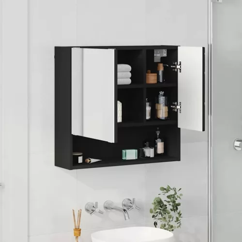 Tükörszekrény polcokkal ajtóval Fekete 59 x 17 x 55 cm Faanyag
