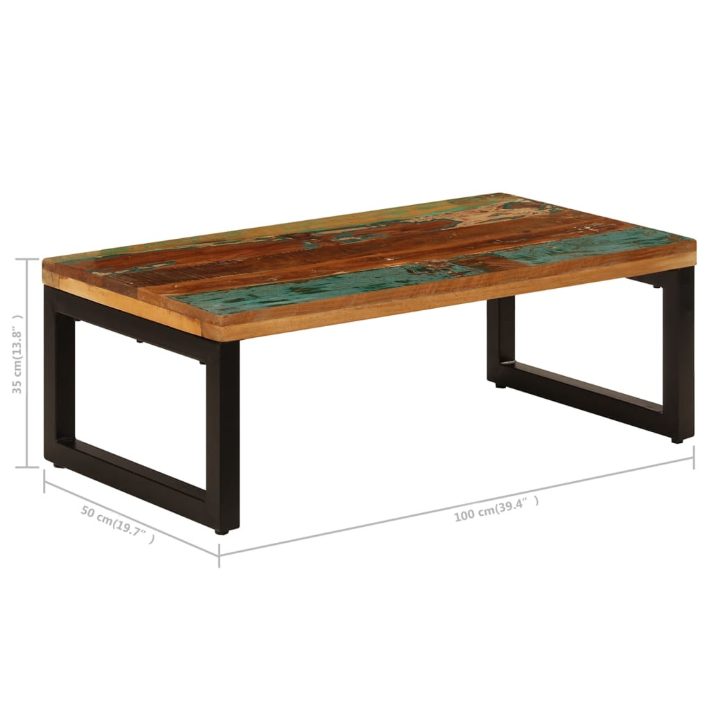 Tömör újrahasznosított fa és acél dohányzóasztal 100x50x35 cm