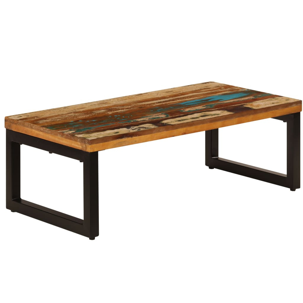 Tömör újrahasznosított fa és acél dohányzóasztal 100x50x35 cm