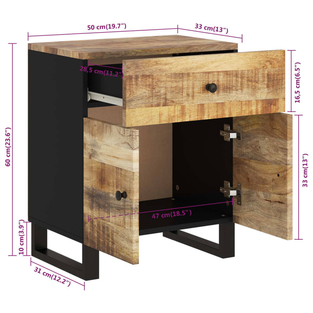Tömör mangófa és szerelt fa éjjeliszekrény 50 x 33 x 60 cm