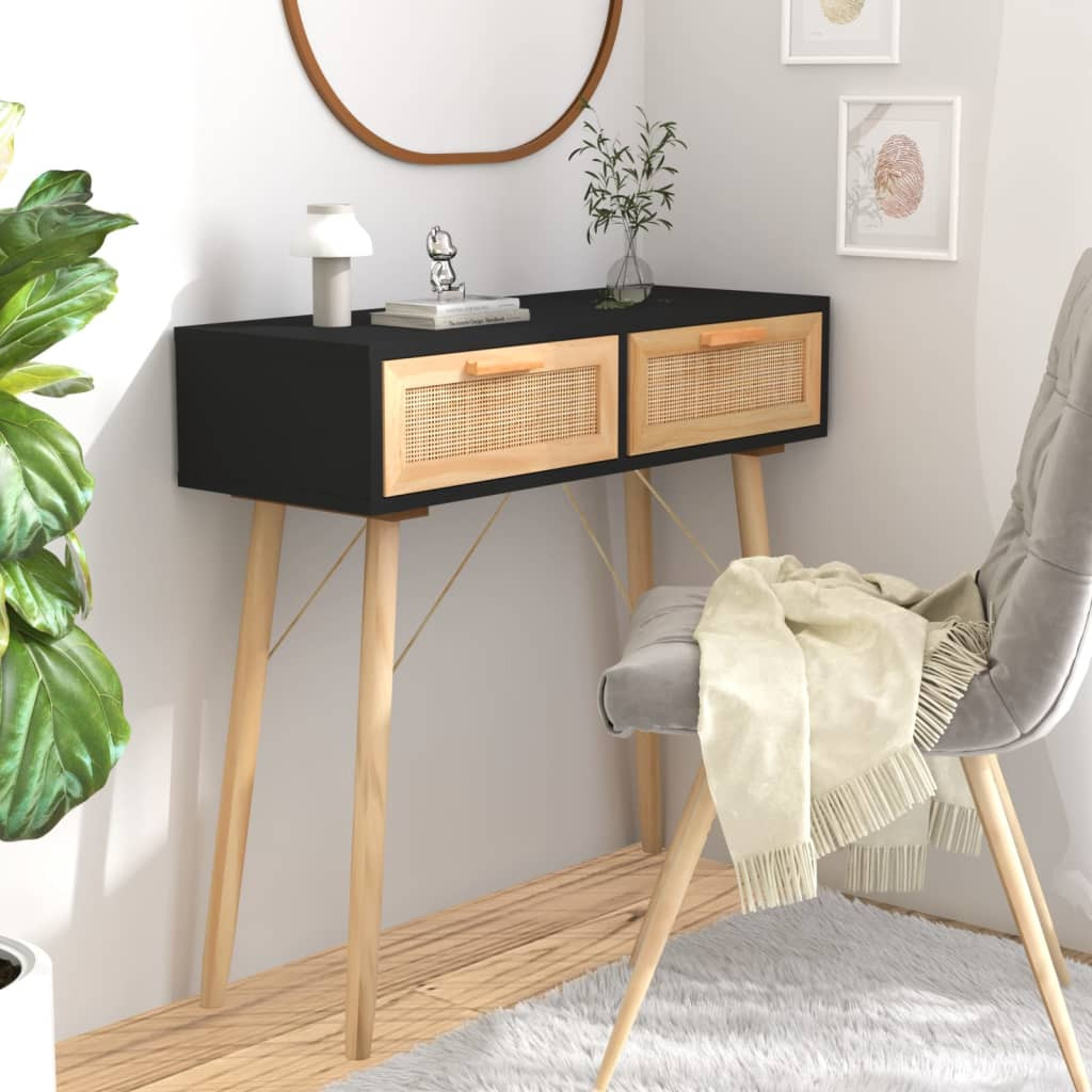 Fekete tömör fenyő és természetes rattan tálaló 80x30x75 cm